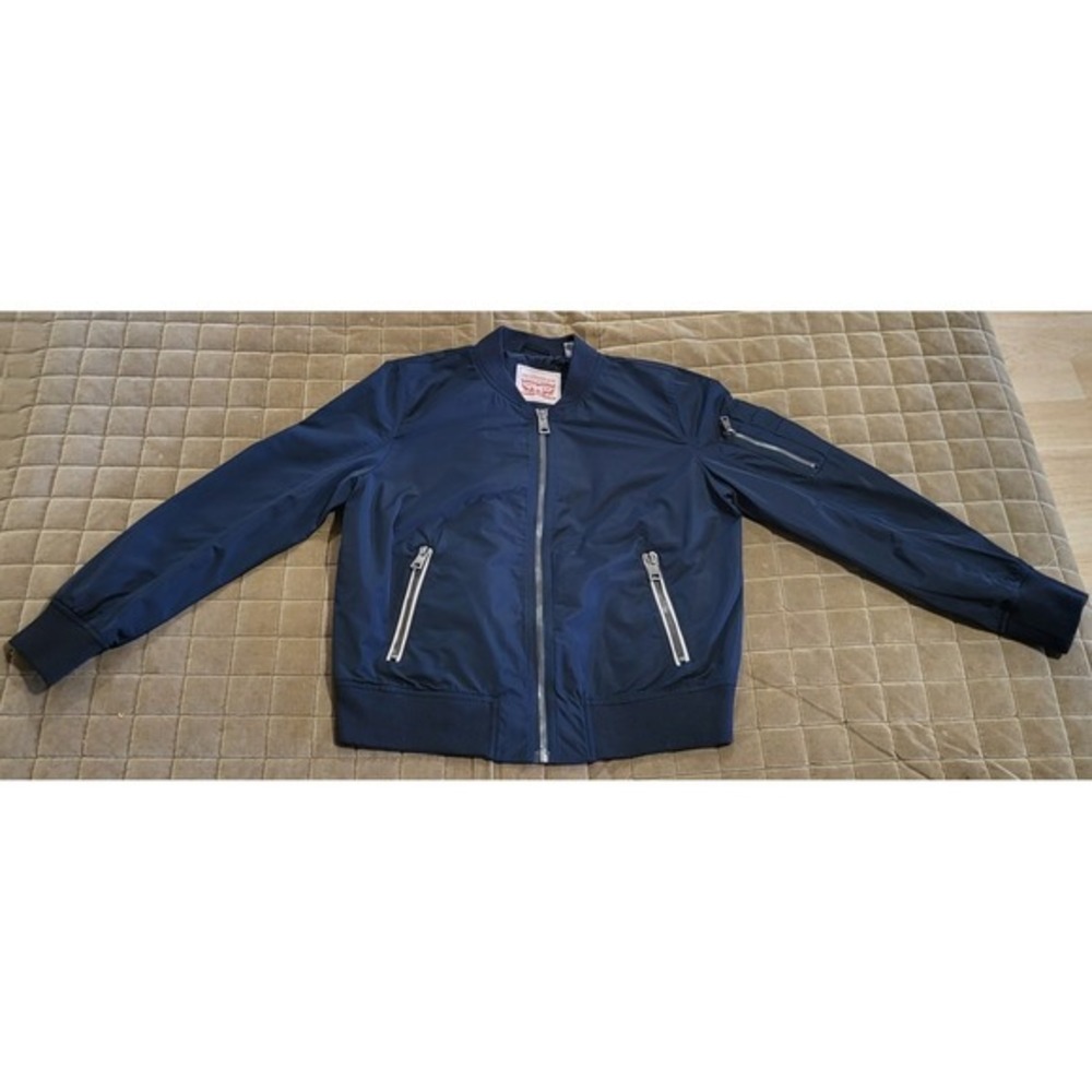 Levi's MA-1 Flight Bomber Jacket Navy Blue Silver Zips Streetwear Mens Size LG